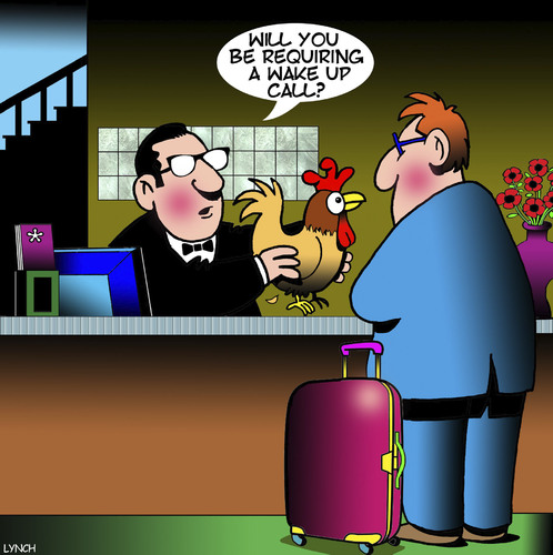 Cartoon: Wake up call (medium) by toons tagged hotel,conciege,rooster,wake,up,call,guest,chickens,hotel,conciege,rooster,wake,up,call,guest,chickens