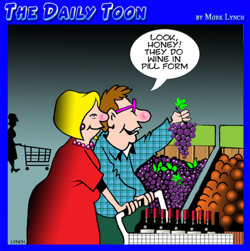 Cartoon: Wine (medium) by toons tagged wine,drinkers,pill,form,fermented,grapes,supermarket,shopping,trolley,making,wine,drinkers,pill,form,fermented,grapes,supermarket,shopping,trolley,making