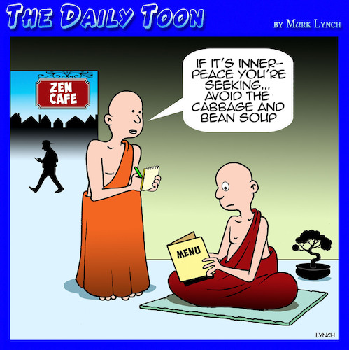 Cartoon: Zen cafe (medium) by toons tagged farting,buddhist,zen,inner,peace,enlightenment,farting,buddhist,zen,inner,peace,enlightenment
