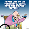 Cartoon: rewind button (small) by toons tagged rewind button aged care ageing pensioners old people wheelchair remote control back in time