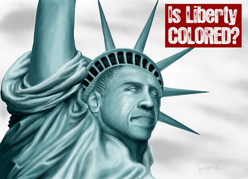Cartoon: Is Liberty Colored? (medium) by toonsucker tagged hope,statue,bush,future,change,peace,vote,politik,politics,liberty,amerika,america,obama,election,wahl,usa