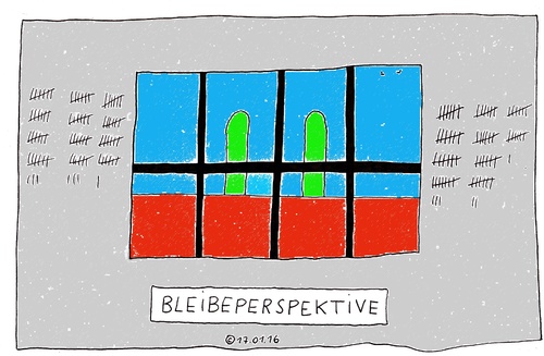 Cartoon: Bleibeperspektive (medium) by Müller tagged bleibeperspektive,flüchtlinge,haft,knast,freiheitsstrafe