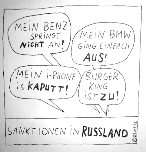 Cartoon: Sanktionen in Russland (medium) by Müller tagged sanktion,russland,benz,bmw,iphone,burgerking