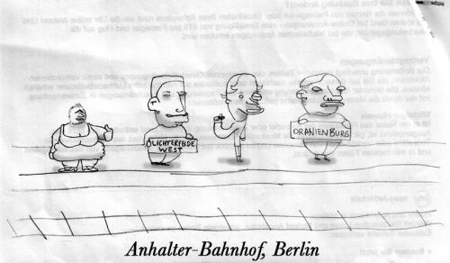 Cartoon: Anhalter Bahnhof - Berlin (medium) by prinzparadox tagged anhalter,bahnhof,berlin,train,station,hitchhiker,atzen