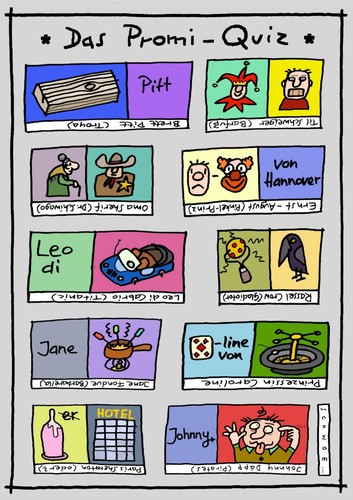 Cartoon: Promi-Quiz (medium) by schwoe tagged brad,pitt,till,schweiger,omar,sharif,leonardo,di,caprio,russell,crowe,jane,fonda,paris,hilton,jonny,depp