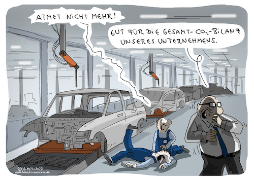 Cartoon: CO2-Bilanz (medium) by H Mercker tagged autobauer,dieselskandal,diesel,auto,autohersteller,audi,vw,porsche,daimler,bmw,fließband,herstellung,abgasskandal,dieselgate,co2,tagesaktuell,cartoon,kartell,autobauer,dieselskandal,diesel,auto,autohersteller,audi,vw,porsche,daimler,bmw,fließband,herstellung,abgasskandal,dieselgate,co2,tagesaktuell,cartoon,kartell