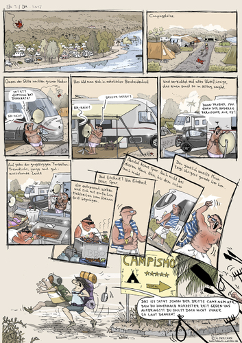 Cartoon: Comic Nr 1 (medium) by H Mercker tagged comic,camping,campingplatz,reichtum,luxus,verzicht,essen,jugend,tramper,backpacker,reisende,süden,torismus,touristen