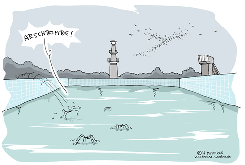 Cartoon: Tiefer Fall (medium) by H Mercker tagged arschbombe,baden,freibad,schwimmbad,schwimmen,sommer,sport,wasserläufer,wetter