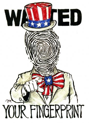 Cartoon: wanted (medium) by bekesijoe tagged cartoon,,uncle sam,usa,wanted,fingerabdruck,identität,staatssicherheit,amerika,terrorismus,big brother,george orwell,1984