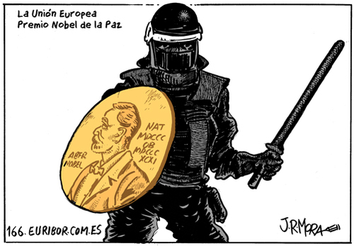 Cartoon: La UE - Premio Nobel de la Paz (medium) by jrmora tagged union,europea,nobel,ue,paz,manifestaciones,economia,crisis,la