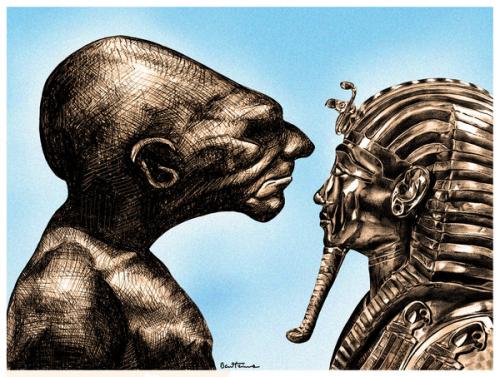 Cartoon: Can You be the One (medium) by BenHeine tagged asburyseminary,human,condition,egypt,pharaoh,culture,empire,nile,glance,look,defiance,regard,pharaon,the,one,interrogation,request,sepia,ancestors,roots,hatred,love,question,challenge,mask,ben,heine,