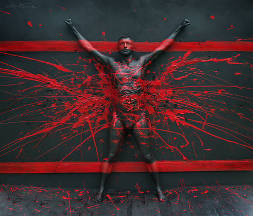 Cartoon: Flesh and Acrylic - Martin (medium) by BenHeine tagged explosion,man,martin,skin,creative,art,benheine,paint,painting,abstract,body,fleshandacrylic,acrylic,and,flesh,black,red