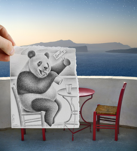 Cartoon: Pencil Vs Camera - 41 (medium) by BenHeine tagged imagination,camera,vs,pencil,reality,drawing,photography,series,hand,main,paper,papier,creative,panda,animal,wild,cute,alcoholism,drink,beer,wine,landscape,waterscape,dessin,sketch,croquis,fantasy,humor,table,chairs,chaises,greece,santorini,horizon,evening,soir,contrast,sea,mer,ocean,hold,alone,desperate,ivre,saoul,loneliness,sad,sadness,suicide,couple,love,amour,divorce,separation,sweet,mignon,extinction,expressive,art,kunst,theartistery,samsungimaging,benheine