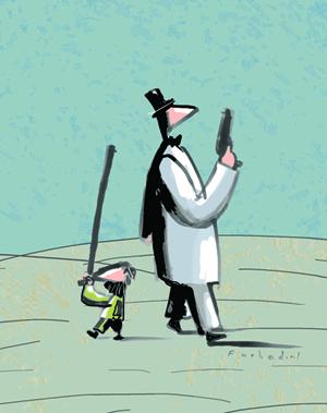 Cartoon: Satierical (medium) by Farhad Foroutanian tagged political,,illustration,männer,mann,waffen,pistole,gewalt,krieg,feindschaft,klein,groß,verhältnisse