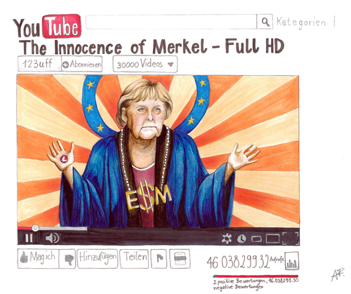 Cartoon: The Innocence of Merkel (medium) by Anitschka tagged hassvideo,meinungsfreiheit,merkel,innocence,esm,euro,europa