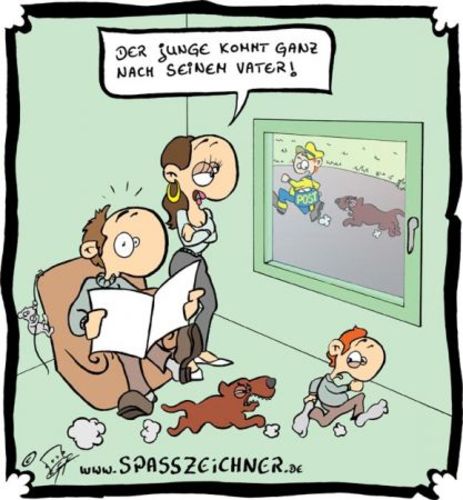 Cartoon: Wenn der Postbote 2-mal klingelt (medium) by Clemens tagged hund,hunde,briefträger,vererbung,gene,papa,jagd,beißen,bellen,sohn,vater,cartoon,postbote