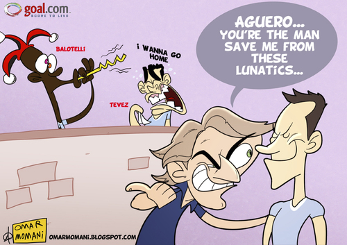 Cartoon: Agueros Arrival (medium) by omomani tagged aguero,kuns,mancini,balotelli,tevez,manchester,city,man,jester,crying,premier,league,argentina,italy,soccer,football