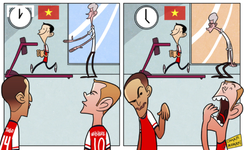 Cartoon: Arsenal stars left flagging (medium) by omomani tagged arsenal,jack,wilshere,theo,walcott,vietnam,vu,xuan,tien,wenger