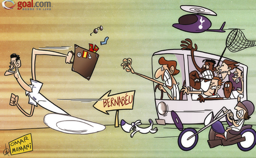 Cartoon: Bale too hot for Spurs (medium) by omomani tagged aaron,lennon,bus,clint,dempsey,defoe,dog,emmanuel,adebayor,gareth,bale,helicopter,motorcycle,santiago,bernabeu,scott,parker,tottenham,villas,boas