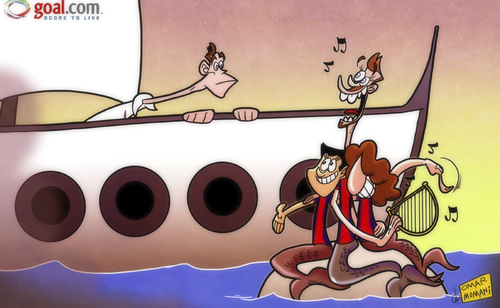 Cartoon: Barca look to seduce Bale (medium) by omomani tagged barcelona,gareth,bale,mermaid,pique,puyol,tottenham,xavi