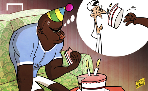 Cartoon: Birthday snub upsets Yaya Toure (medium) by omomani tagged toure,yaya,city,manchester,mubarak,al,khaldoon