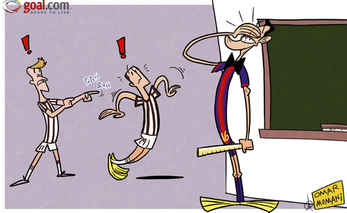 Cartoon: Bonucci the bad diver (medium) by omomani tagged barcelona,busquets,juventus,leonardo,bonucci,nicklas,bendtner,serie