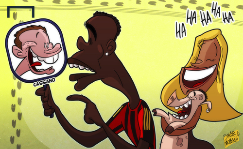 Cartoon: Cassano sees himself in Balotell (medium) by omomani tagged ac,milan,balotelli,cassano,fanny,neguesha