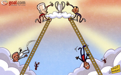 Cartoon: Climbing the Champions League (medium) by omomani tagged barcelona,bayern,munich,champions,league,chelsea,di,matteo,guardiola,jupp,heynckes,mourinho,real,madrid