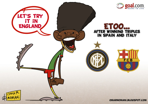 Cartoon: Etoo Loves England (medium) by omomani tagged etoo,inter,milan,serie,cameroon,barcelona,spain,england