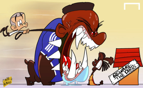 Cartoon: Etoo sees off Drogba (medium) by omomani tagged champions,league,chelsea,drogba,etoo,galatasaray,mourinho