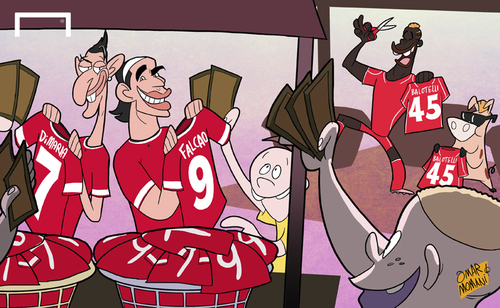 Cartoon: Falcao and Di Maria shirts (medium) by omomani tagged balotelli,di,maria,falcao,liverpool,manchester,united