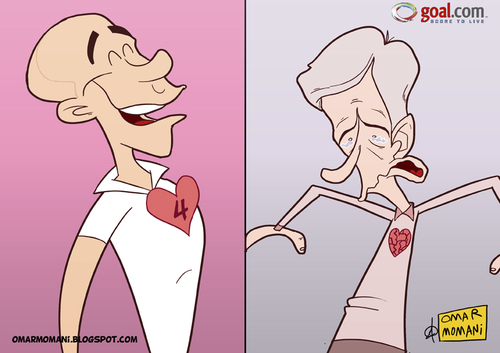 Cartoon: Guardiola and Wenger hearts (medium) by omomani tagged guardiola,wenger,fabregas,barcelona,arsenal,spain,france,england,la,liga,premier,league