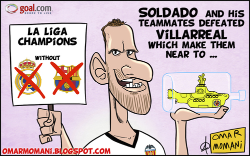 Cartoon: Hero of the Liga but (medium) by omomani tagged soldado,valenca,real,madrid,barcelona,villareal,yellw,submarine,la,liga,spain