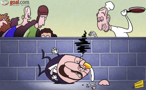 Cartoon: Humpty dumpty Benitez falls off (medium) by omomani tagged abramovich,cech,chelsea,david,luiz,rafael,benitez,torres
