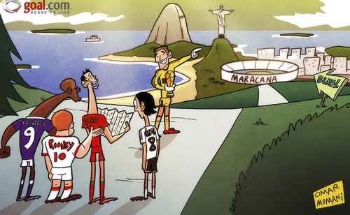 Cartoon: long road to Brazil (medium) by omomani tagged balotelli,brazil,casillas,cristiano,ronaldo,england,germany,italy,maracana,ozil,portugal,rooney,spain,world,cup