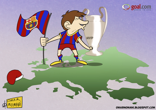 Cartoon: Messi the conquerer (medium) by omomani tagged messi,barcelona,la,liga,champions,league,spain,argentina