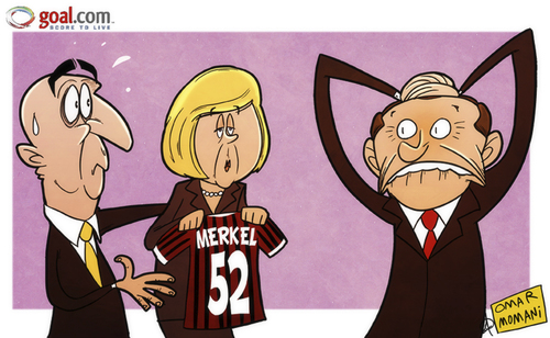 Cartoon: Milan bring back Merkel (medium) by omomani tagged ac,milan,angela,merkel,berlusconi,galliani,germany,italy,serie
