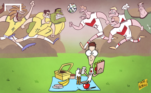 Cartoon: Ozil slammed (medium) by omomani tagged neuer,hulk,germany,luiz,david,brazil,oscar,ozil,philipp,lahm,thomas,muller,toni,kroos,world,cup,2014