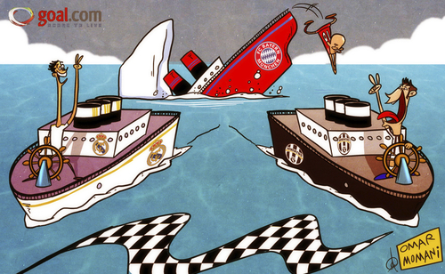 Cartoon: Plain sailing n Madrid and Turin (medium) by omomani tagged arjen,robben,bayern,munich,bundesliga,cristiano,ronaldo,del,piero,juventus,la,liga,real,madrid,serie,titanic