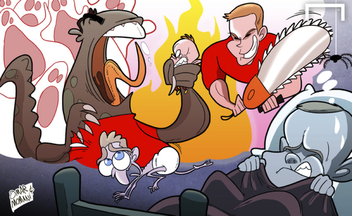 Cartoon: Rooney rocked by Liverpool night (medium) by omomani tagged liverpool,manchester,united,moyes,premier,league,rooney,steven,gerrard,suarez