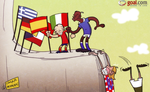 Cartoon: Spain and Italy (medium) by omomani tagged balotelli,croatia,euro,2012,iniesta,ireland,italy,modric,spain
