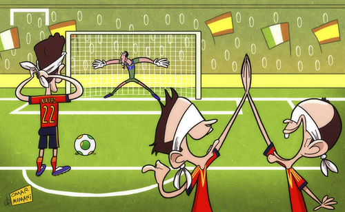 Cartoon: Spain penalty prowess (medium) by omomani tagged buffon,confederations,cup,iniesta,italy,jesus,navas,spain,xavi