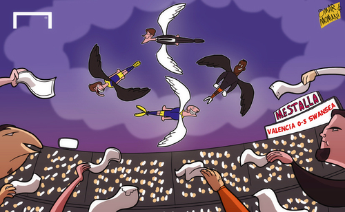 Cartoon: Swans take flight in Europe (medium) by omomani tagged europa,league,jonjo,shelvey,michael,laudrup,michu,swansea,city,valencia,wilfried,bony