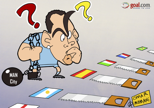 Cartoon: Tevez the Destination (medium) by omomani tagged argentina,england,hand,saw,manchester,city,premier,league,tevez