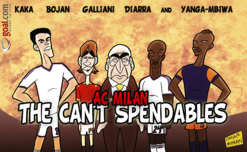 Cartoon: The Cant Spendables (medium) by omomani tagged ac,milan,bojan,galliani,kaka,lassana,diarra,montpellier,real,madrid,roma,yanga,mbiwa