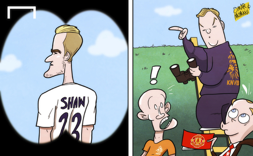 Cartoon: Van Gaal scouts Shaw (medium) by omomani tagged arjen,robben,ed,woodward,england,luke,shaw,manchester,united,netherlands,van,gaal,world,cup,2014