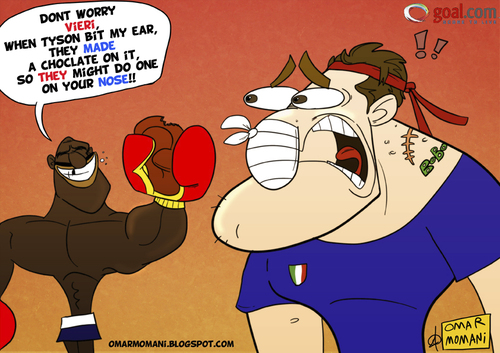 Cartoon: Vieri Nose (medium) by omomani tagged evander,holyfield,mike,tyson,christian,vieri,italy,soccer,football,bobo,usa