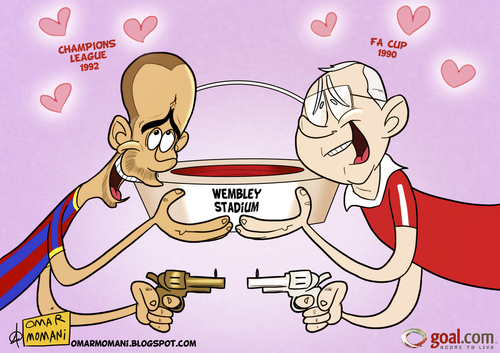 Cartoon: Wembely Love (medium) by omomani tagged guardiola,sir,ferguson,wembely,sadium,barcelona,manchester,united,champions,league