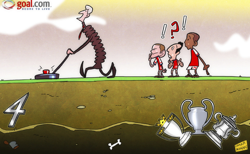Cartoon: Wenger search for silverware (medium) by omomani tagged arsenal,champions,league,fa,cup,jack,wilshere,metal,detector,premier,santi,cazorla,theo,walcott,wenger