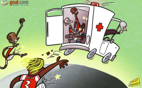 Cartoon: Wenger walking wounded (medium) by omomani tagged abou,diaby,ambulance,arsenal,bacary,sagna,jack,wilshere,theo,walcott,wenger